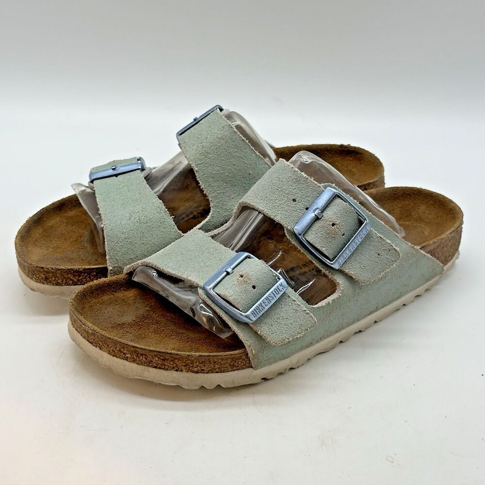 Birkenstock Arizona Sandals Women's 7 EU 38 Shimmering Aqua Washed Suede Slides
